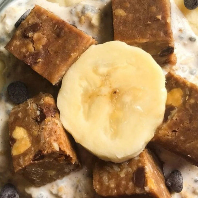 Overnight oats topped with banana and pieces of G2G bar
